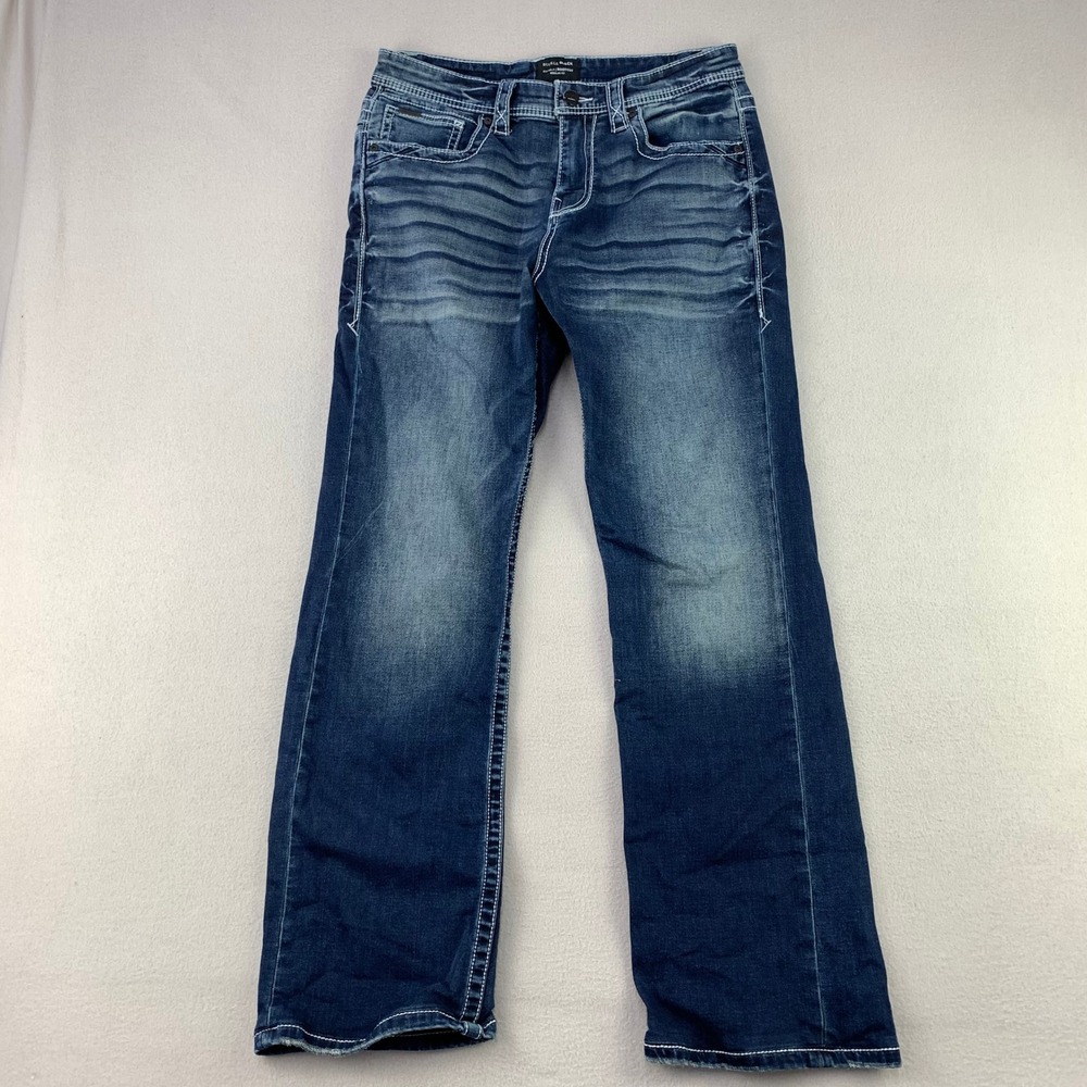 Buckle Black Fit No. 9 Bootcut Jeans Mens 32x34 Blue Regular Fit Whiskered